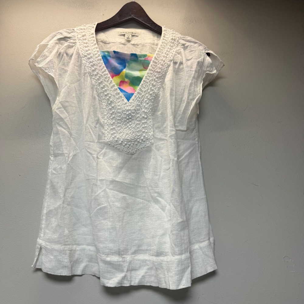 Banana Republic Tunic Womens Petite S White Excellent Beaded Gauze V-Neck Top